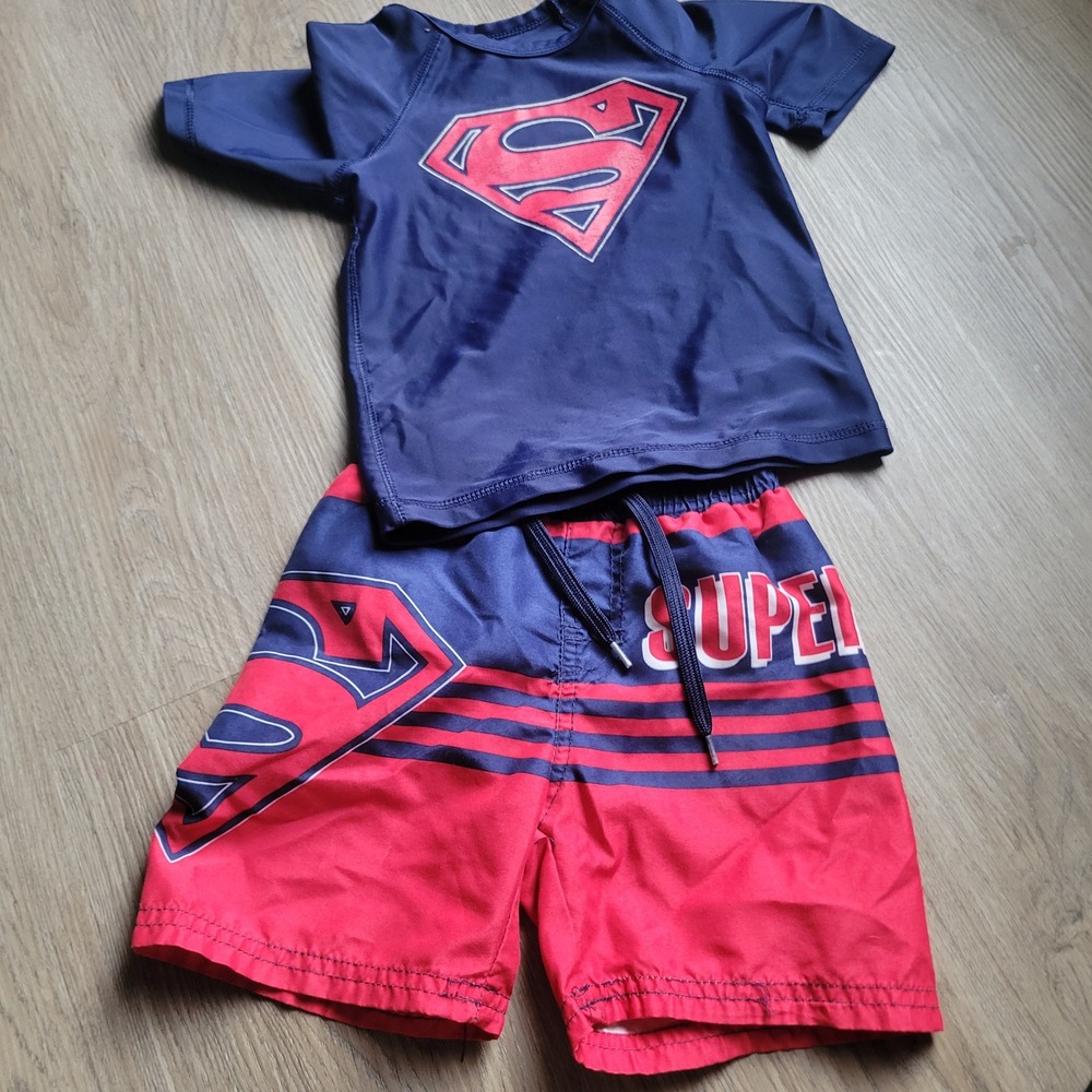 DC Comics Swimsuit Boys 2T Blue Red Superman Rash Guard Trunks 2pc Set Superhero